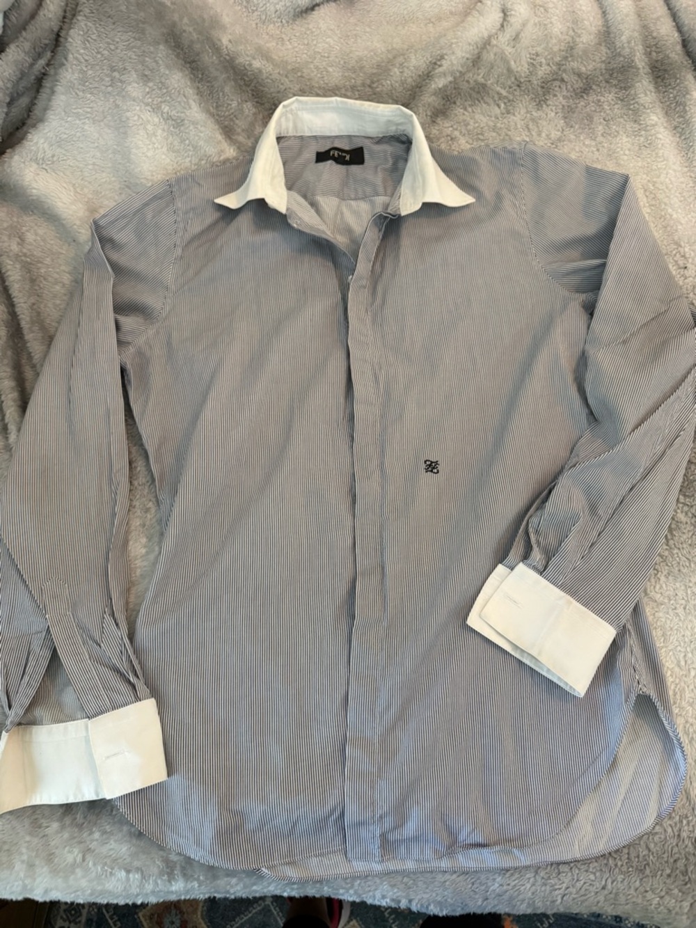 Fendi Men's Striped Long Sleeve Button Down White Collar Shirt Sz US 15.5 IT 39